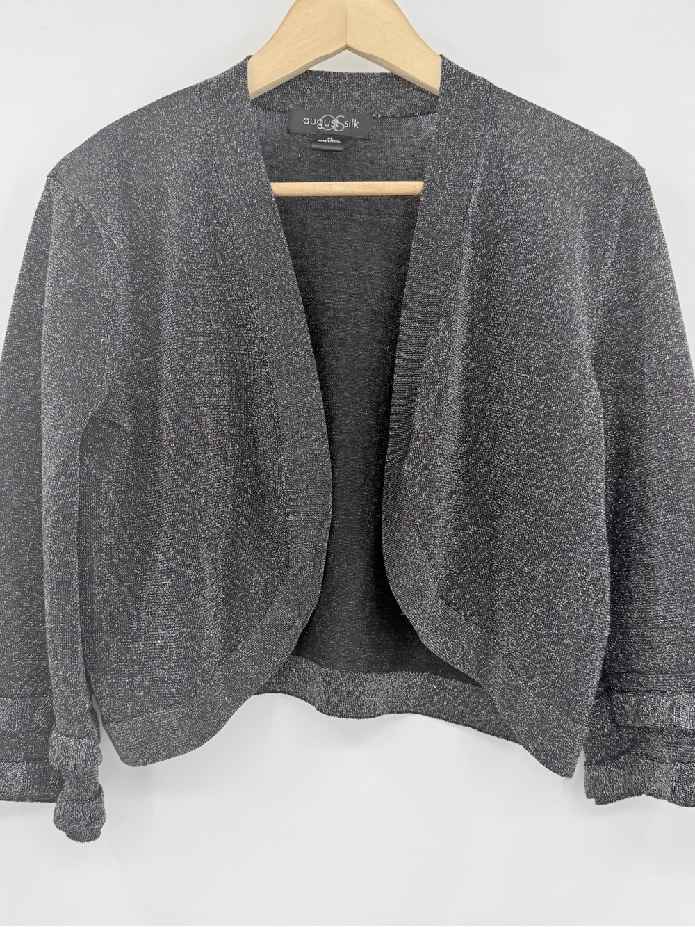 August Silk Shrug Cardigan Women XL Blk/Silver Silk Blend Metallic Ruffles Sleev